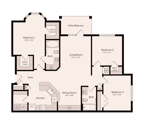 Floor plan for 3 beds, 2 baths, 1384 sqft